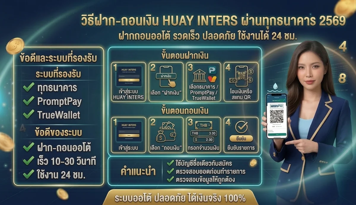 วิธีฝาก-ถอนเงิน HUAY INTERS ผ่านทุกธนาคาร 2569